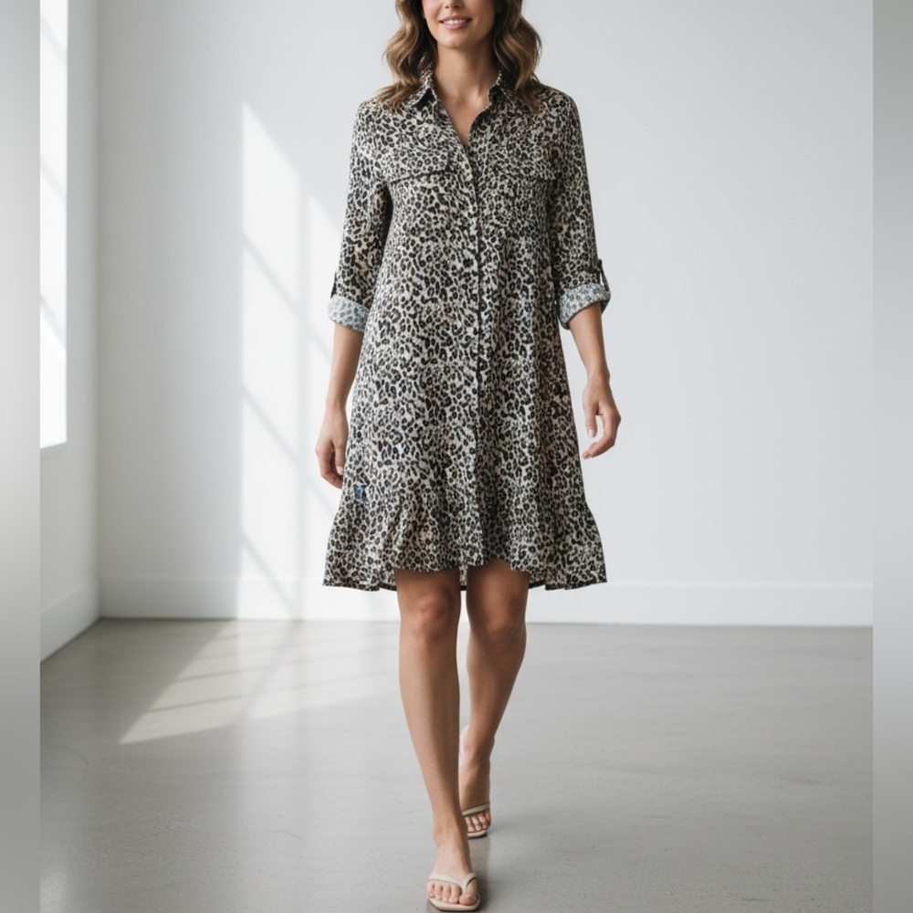 Equipment Femme Brown Black Leopard Print Shirt Mini Dress Long Sleeves Sz S